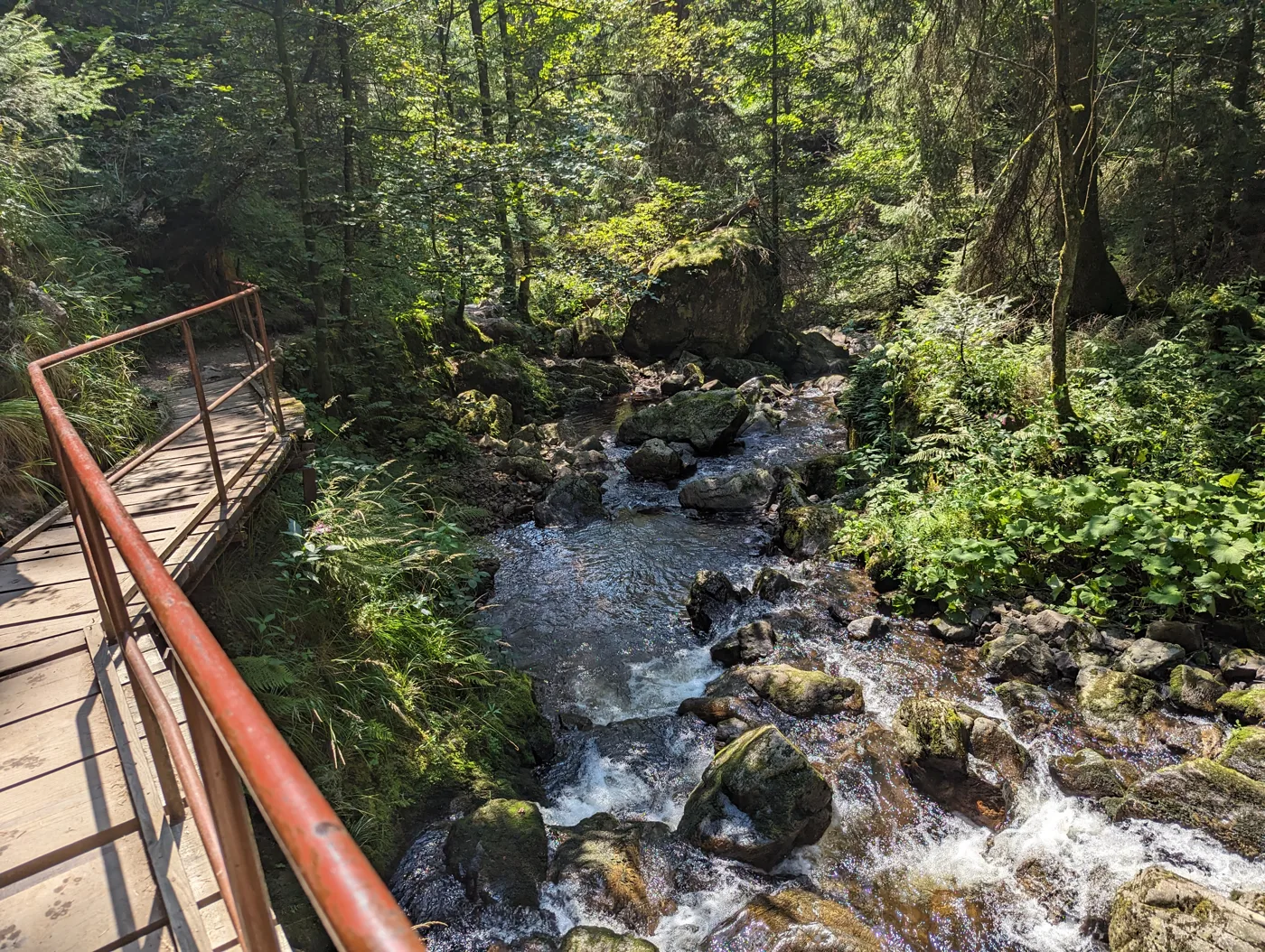 Ein Steg überquert den rauschenden Gebirgsbach