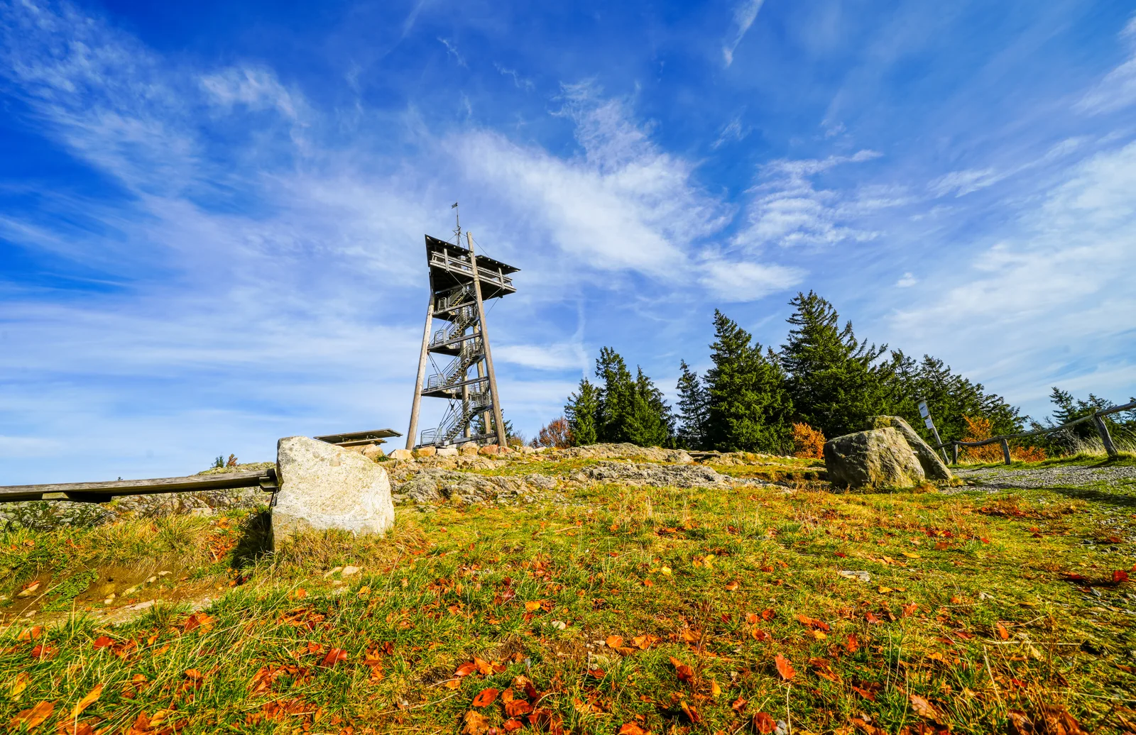 Der Aussichtsturm auf der herbstlichen Gipfelwiese