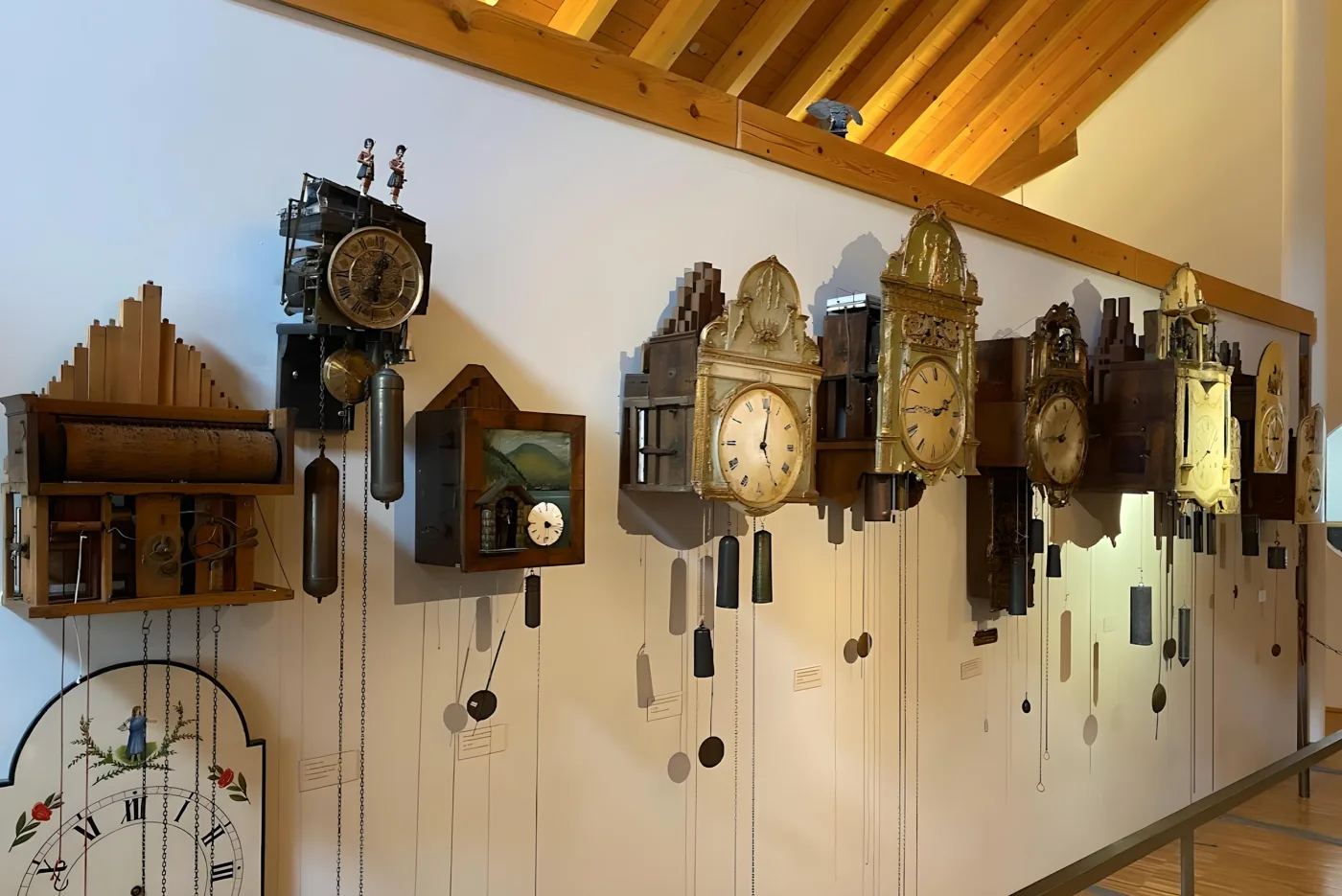 Eine ganze Wand voller historischer Kuckucks- und Schwarzwalduhren