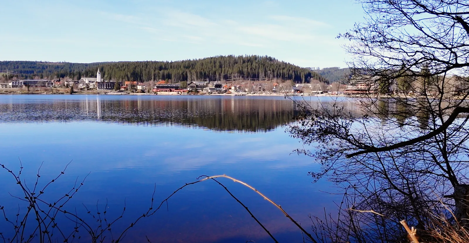 Blick über den Titisee auf den Ort, gerahmt von Zweigen, mit Spiegelung im ruhigen Wasser
