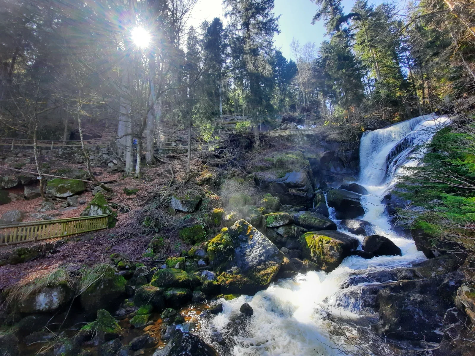 Sonnenlicht an den Felsen der Triberger Wasserfälle